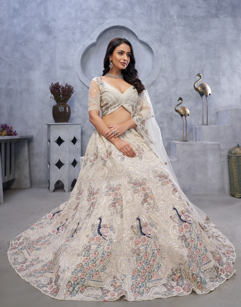 Graceful White Net Lehenga with Intricate Bel Butti Work Blouse & Dupatta Set - Buy_1