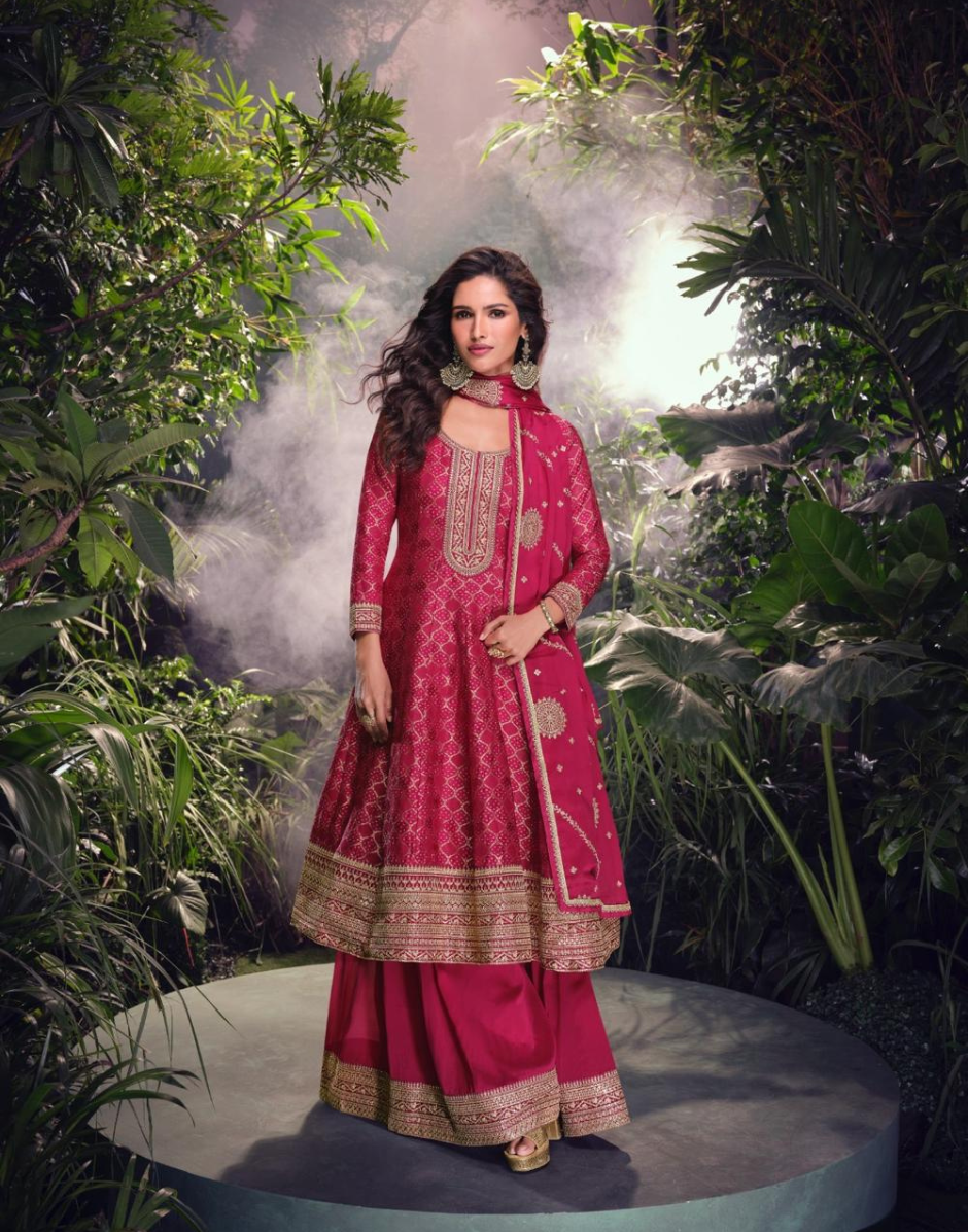 Graceful in Pink Viscose Jacquard Silk Embroidered Set with Palazzo Dupatta