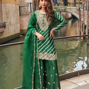 Green Leheriya Chinon Silk Suit Set Digital Embroidered Top, Plazzo & Dupatta