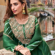 Green Leheriya Chinon Silk Suit Set Digital Embroidered Top, Plazzo & Dupatta_1