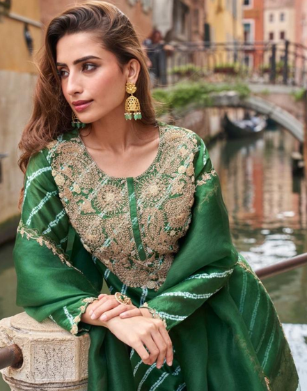 Green Leheriya Chinon Silk Suit Set Digital Embroidered Top, Plazzo & Dupatta_1