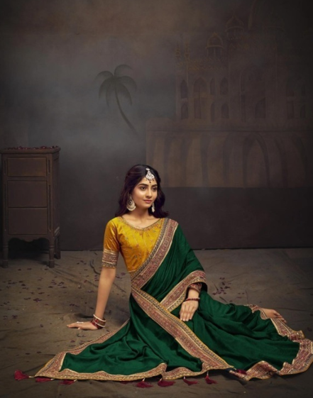 Green Saree Swarovski Sequin Blooming Work with Unique Border & Designer Blouse - Buy_1