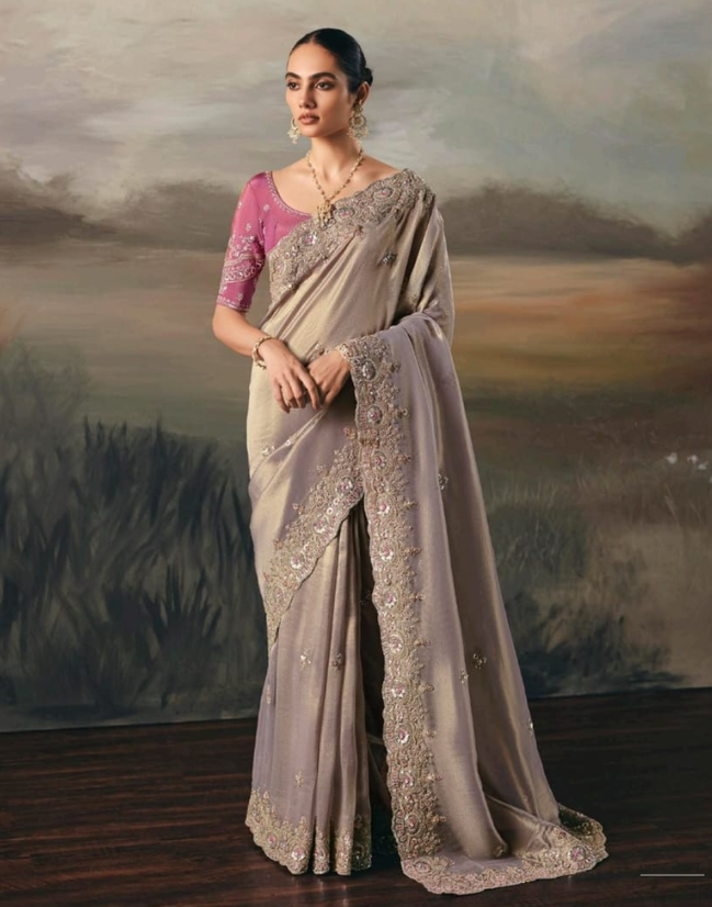 Grey Ethnic Pure Tissue Saree with Hand Work Designer Blouse