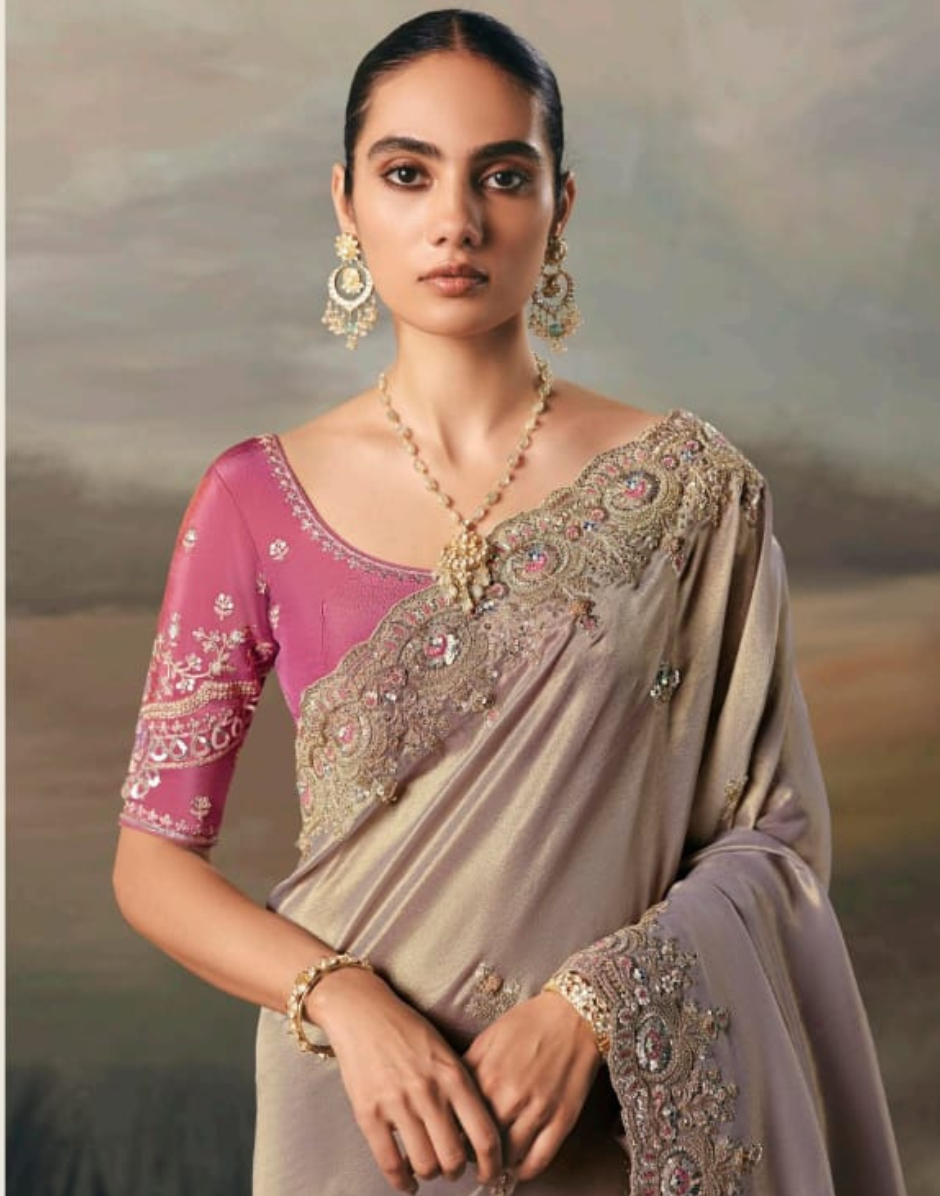 Grey Ethnic Pure Tissue Saree with Hand Work Designer Blouse_1