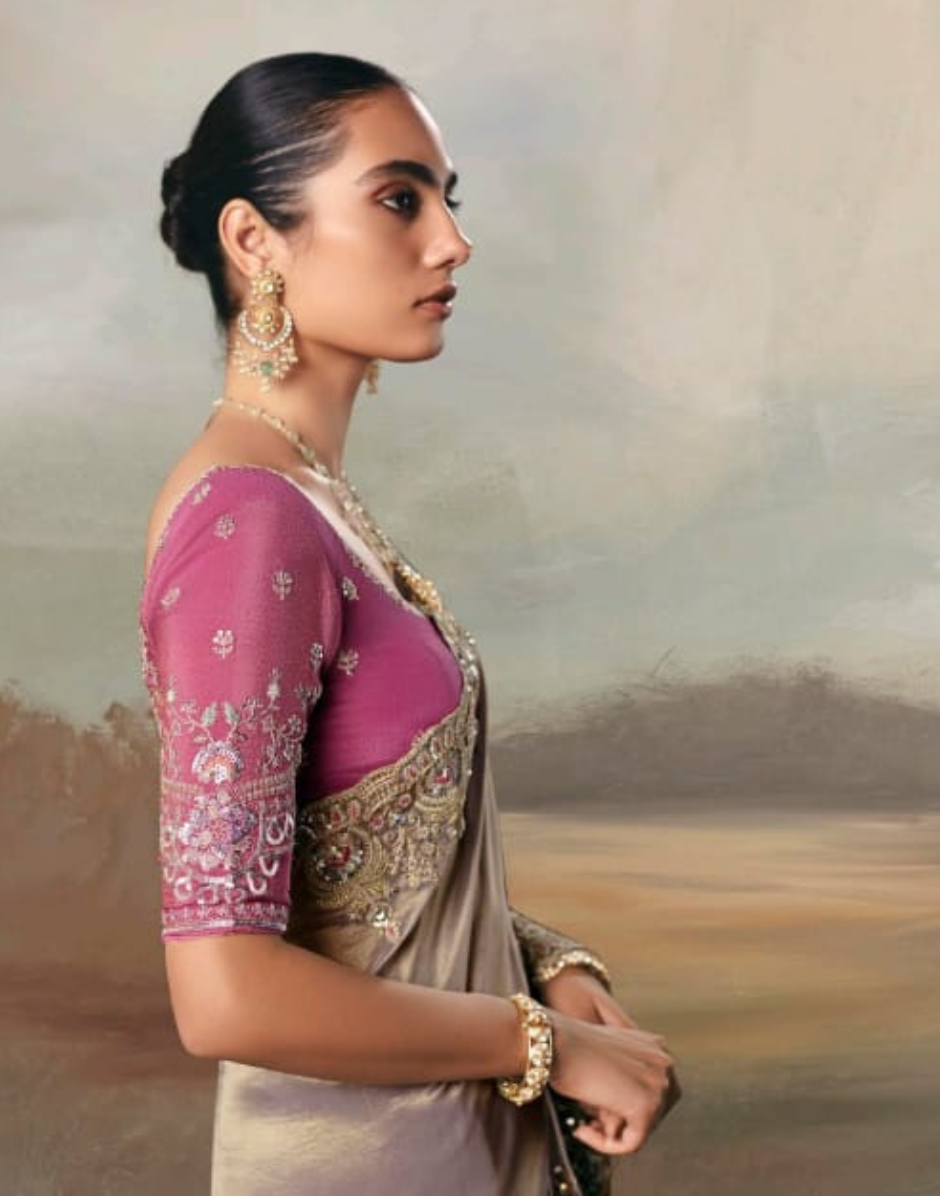 Grey Ethnic Pure Tissue Saree with Hand Work Designer Blouse_2