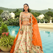 Handcrafted Silk Lehenga Blouse with Heavy Embroidery, Butti Weaving & Art Mirror Highlights Net Dupatta Set - Buy