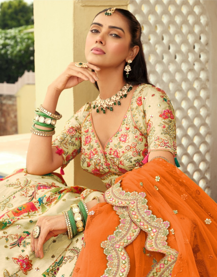 Handcrafted Silk Lehenga Blouse with Heavy Embroidery, Butti Weaving & Art Mirror Highlights Net Dupatta Set - Buy_1