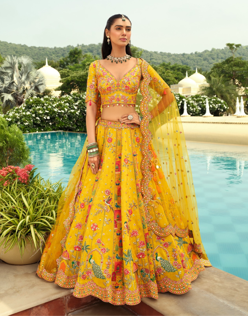 Handcrafted Silk Lehenga Blouse with Heavy Embroidery, Butti Weaving & Art Mirror Highlights Net Dupatta Set - Buy_2