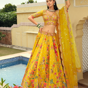 Handcrafted Silk Lehenga Blouse with Heavy Embroidery, Butti Weaving & Art Mirror Highlights Net Dupatta Set - Buy_3