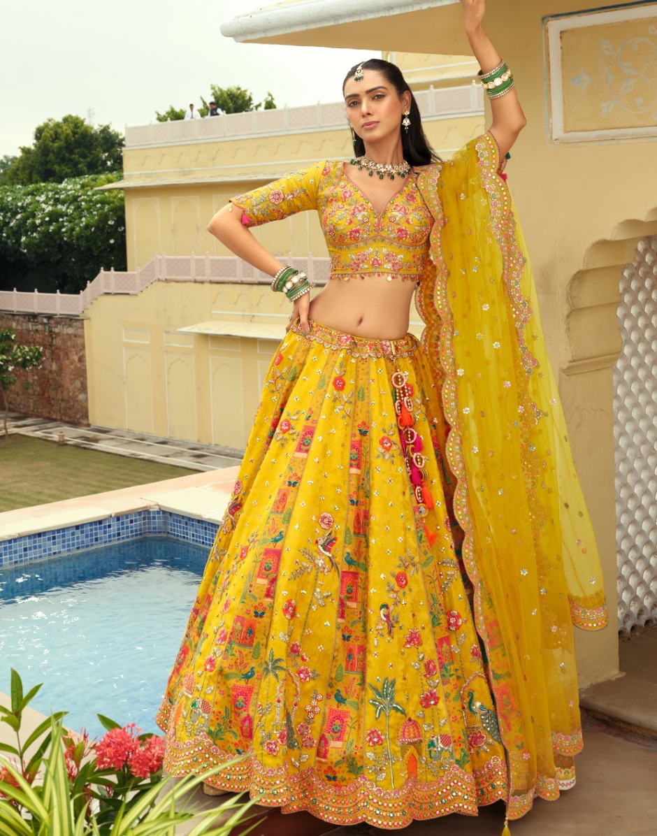 Handcrafted Silk Lehenga Blouse with Heavy Embroidery, Butti Weaving & Art Mirror Highlights Net Dupatta Set - Buy_3