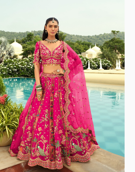 Handcrafted Silk Lehenga Blouse with Heavy Embroidery, Butti Weaving & Art Mirror Highlights Net Dupatta Set - Buy_4