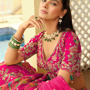 Handcrafted Silk Lehenga Blouse with Heavy Embroidery, Butti Weaving & Art Mirror Highlights Net Dupatta Set - Buy_5