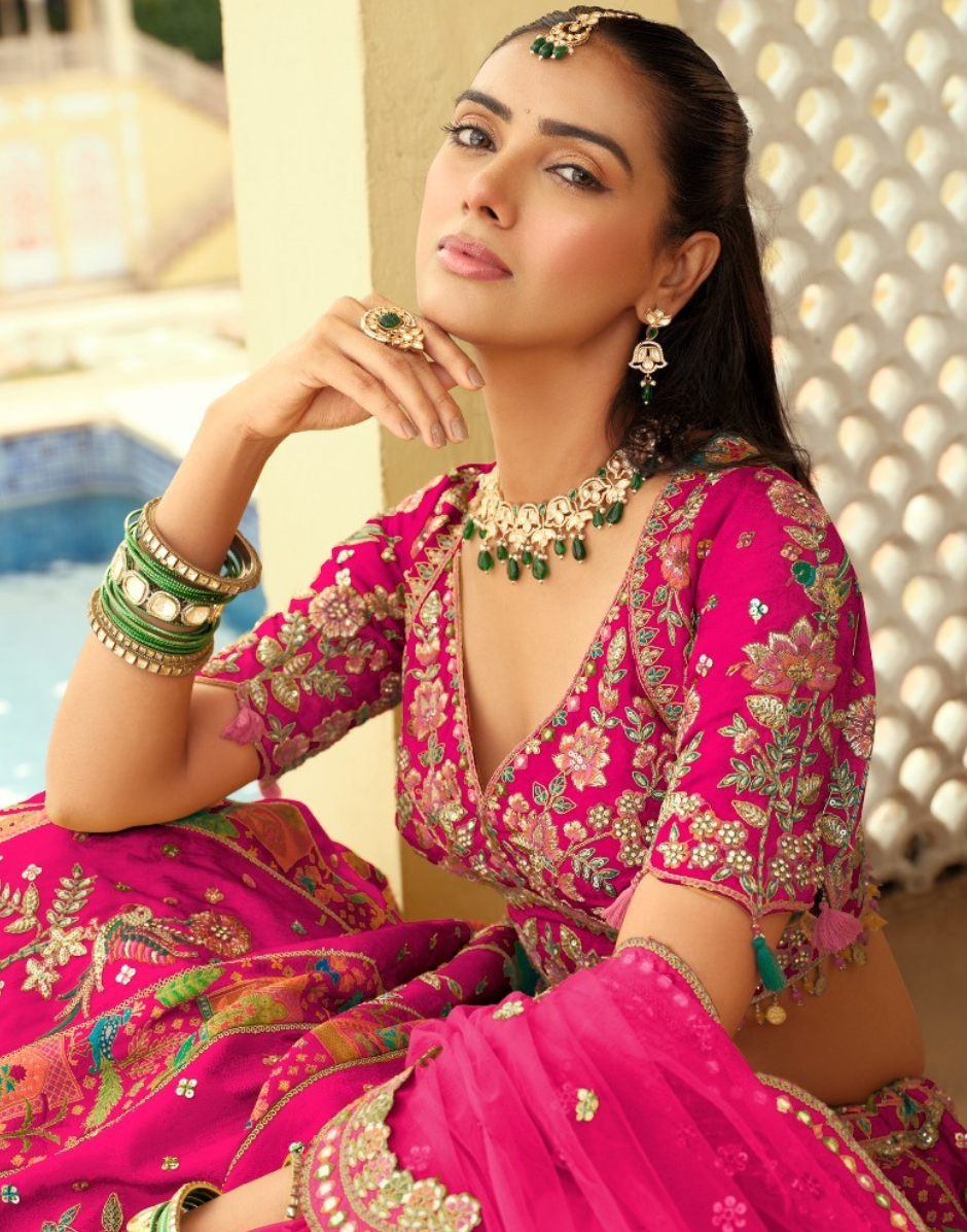 Handcrafted Silk Lehenga Blouse with Heavy Embroidery, Butti Weaving & Art Mirror Highlights Net Dupatta Set - Buy_5