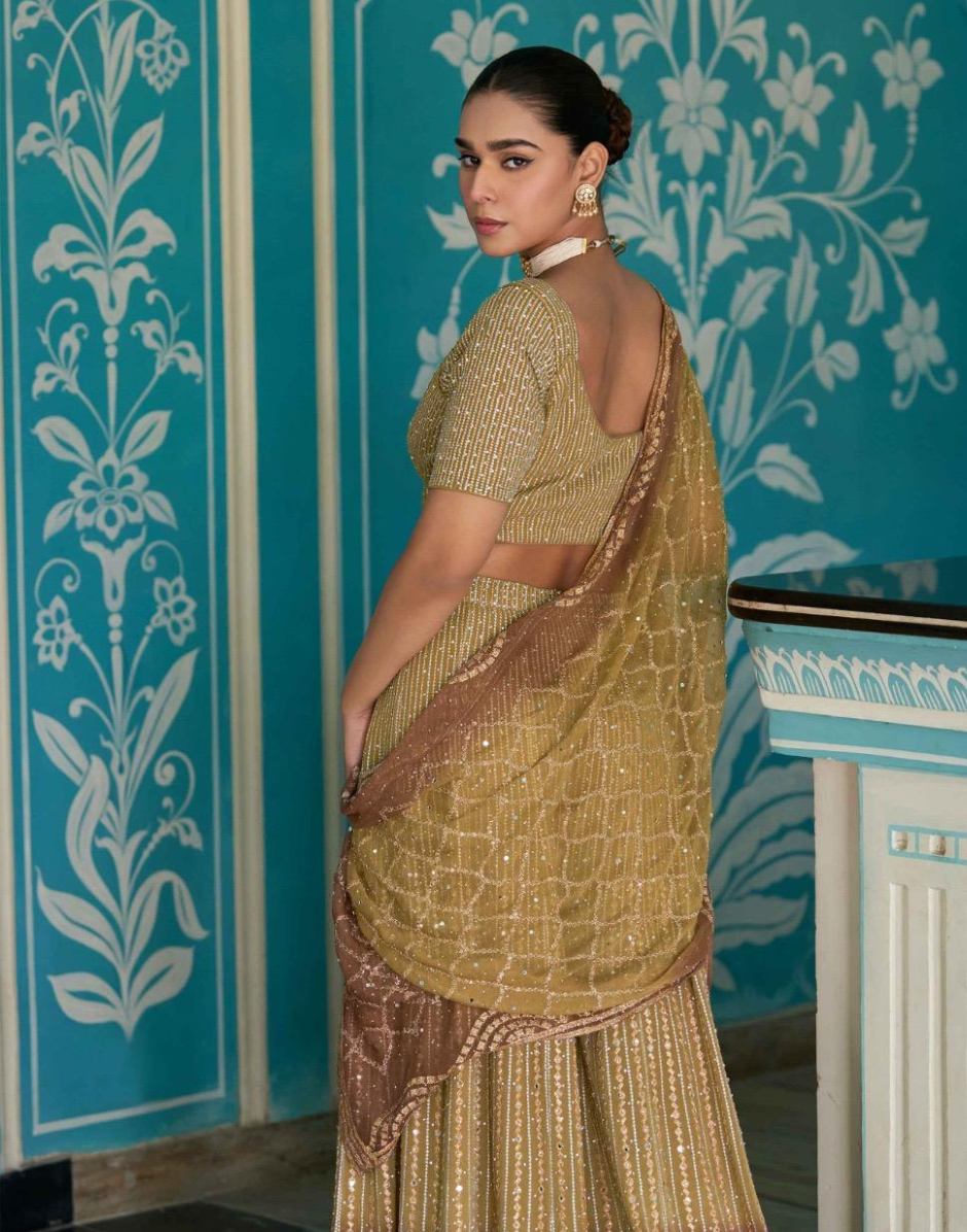 Intricate Embroidered Pista Green Georgette Palazzo with Matching Blouse & Dupatta - Buy_1