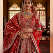 Luxurious Red Paisley Pattern Silk Lehenga with Sequin, Pearl & Zari Detailing Complete with Blouse & Dual Dupatta - Buy_1