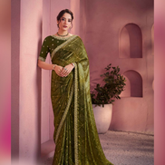 Luxury Mehendi Green Bandhani Print Saree in Two-Tone Satin Silk Embroidered & Embellished Detailing - Buy