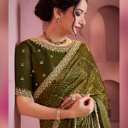 Luxury Mehendi Green Bandhani Print Saree in Two-Tone Satin Silk Embroidered & Embellished Detailing - Buy_1