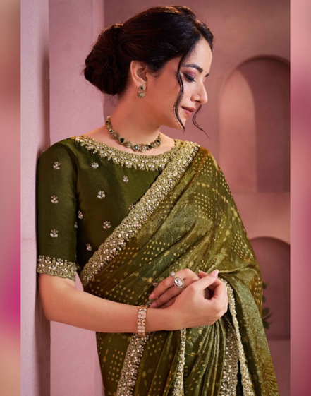 Luxury Mehendi Green Bandhani Print Saree in Two-Tone Satin Silk Embroidered & Embellished Detailing - Buy_1