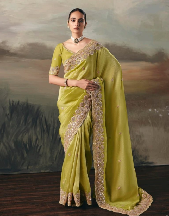 Luxury Pista Green Fancy Tissue Festive Saree with Designer Blouse