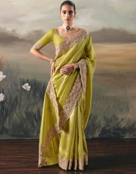 Luxury Pista Green Fancy Tissue Festive Saree with Designer Blouse_1