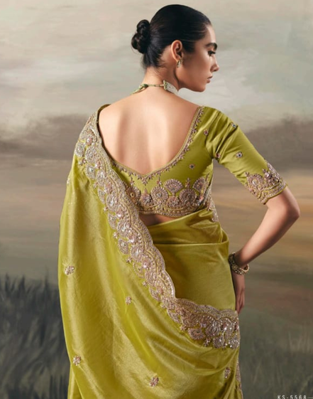 Luxury Pista Green Fancy Tissue Festive Saree with Designer Blouse_2