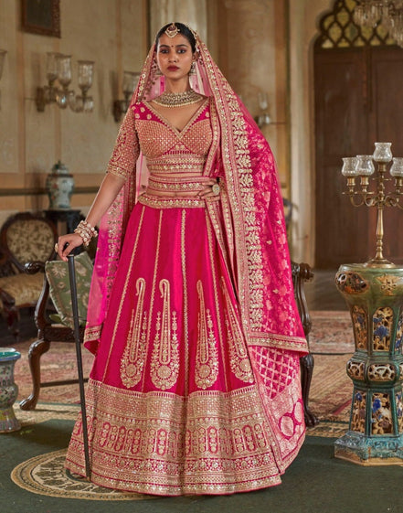 Majestic Art Silk Heavy Work Lehenga Set with Embroidery & Embellishments Ideal for Brides & Bridesmaids - Buy