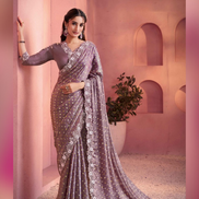 Mauve Bandhani Saree in Satin Silk Two-Tone Finish with Embroidery & Handcrafted Embellishments - Buy