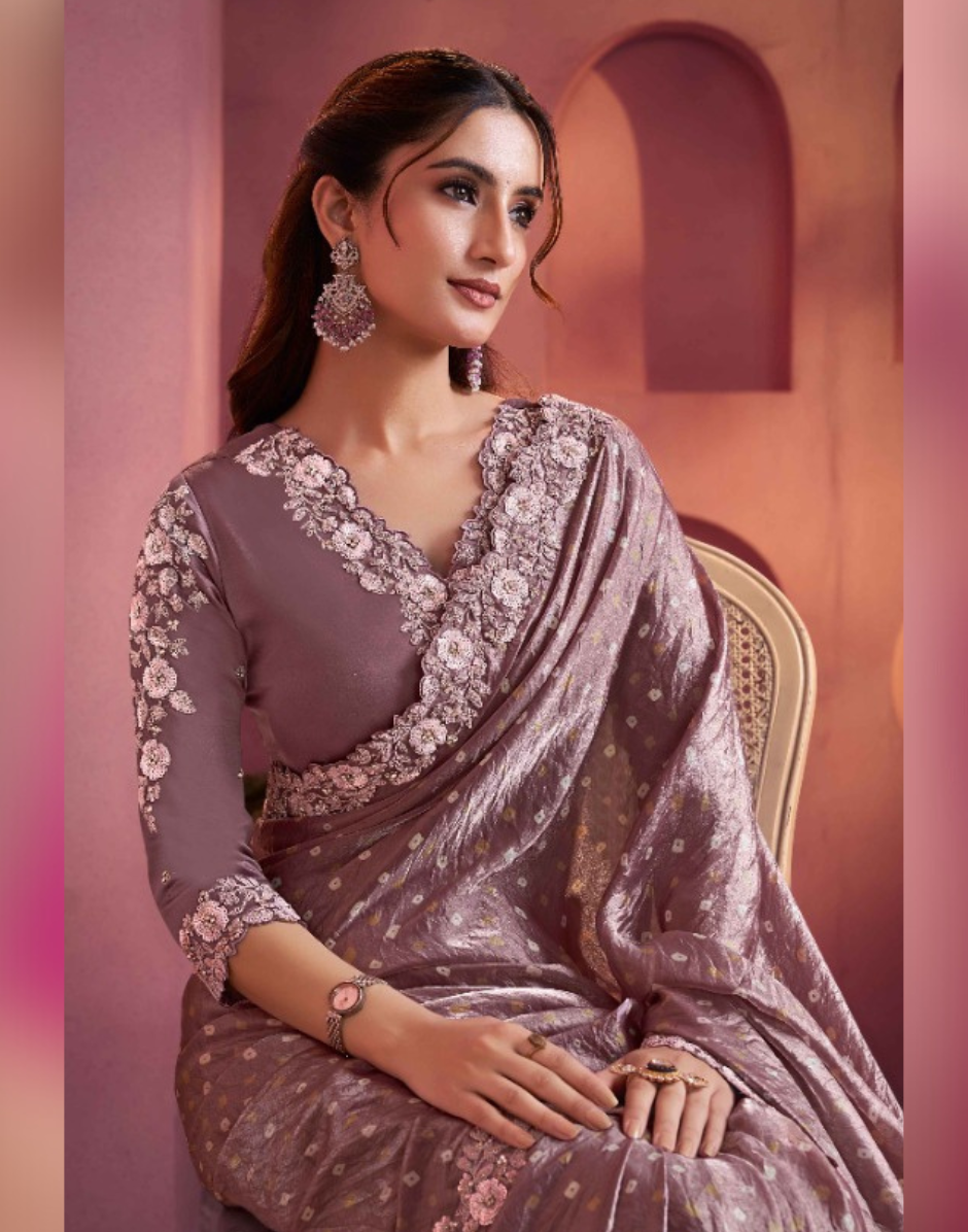 Mauve Bandhani Saree in Satin Silk Two-Tone Finish with Embroidery & Handcrafted Embellishments - Buy_1