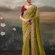 Mehendi Green Festive Wear Pure Tissue Saree with Designer Hand Work Blouse