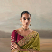 Mehendi Green Festive Wear Pure Tissue Saree with Designer Hand Work Blouse_1