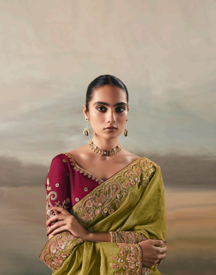 Mehendi Green Festive Wear Pure Tissue Saree with Designer Hand Work Blouse_1