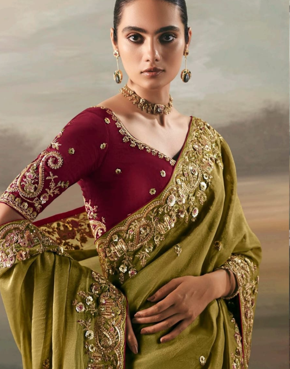 Mehendi Green Festive Wear Pure Tissue Saree with Designer Hand Work Blouse_2
