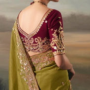 Mehendi Green Festive Wear Pure Tissue Saree with Designer Hand Work Blouse_3