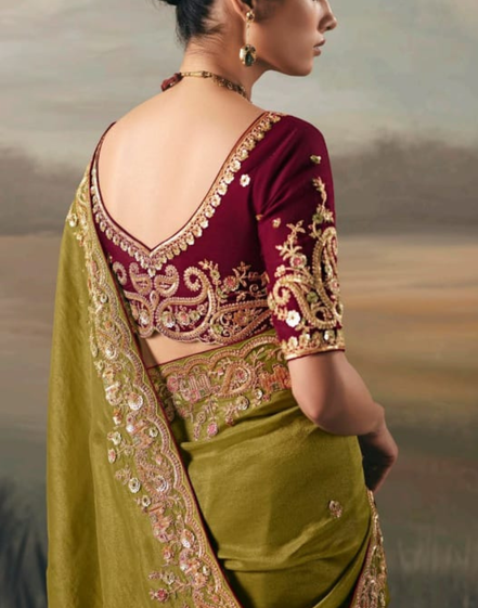 Mehendi Green Festive Wear Pure Tissue Saree with Designer Hand Work Blouse_3