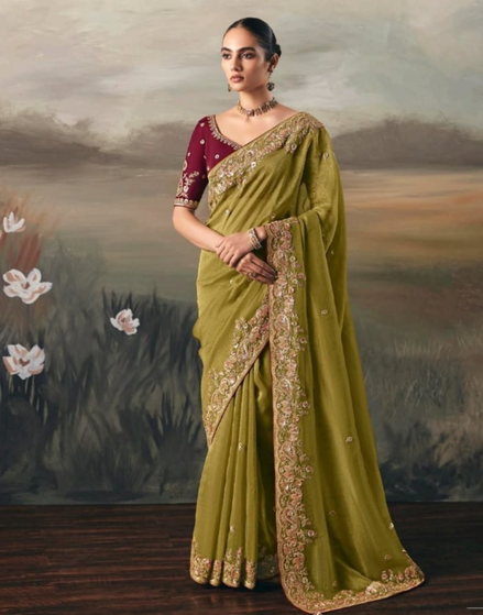 Mehendi Green Festive Wear Pure Tissue Saree with Designer Hand Work Blouse