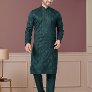 Men’s Embroidered Kurta Pajama in Green Sequin & Paisley Detailing