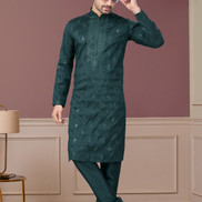 Men’s Embroidered Kurta Pajama in Green Sequin & Paisley Detailing_1