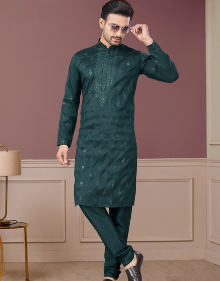 Men’s Embroidered Kurta Pajama in Green Sequin & Paisley Detailing_1