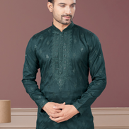 Men’s Embroidered Kurta Pajama in Green Sequin & Paisley Detailing_2