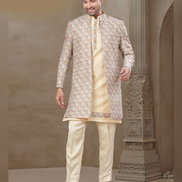 Men’s Floral Jacquard Silk Kurta Set Cream Ethnic Jacket and Pant Ensemble