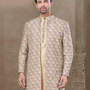 Men’s Floral Jacquard Silk Kurta Set Cream Ethnic Jacket and Pant Ensemble_1