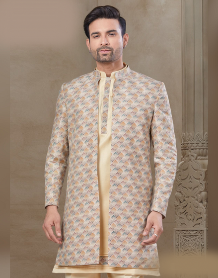 Men’s Floral Jacquard Silk Kurta Set Cream Ethnic Jacket and Pant Ensemble_1
