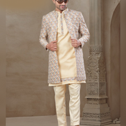 Men’s Floral Jacquard Silk Kurta Set Cream Ethnic Jacket and Pant Ensemble_2