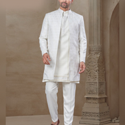 Men’s White Floral Jacquard Silk Kurta Pant Jacket Set – Timeless Ethnic Elegance
