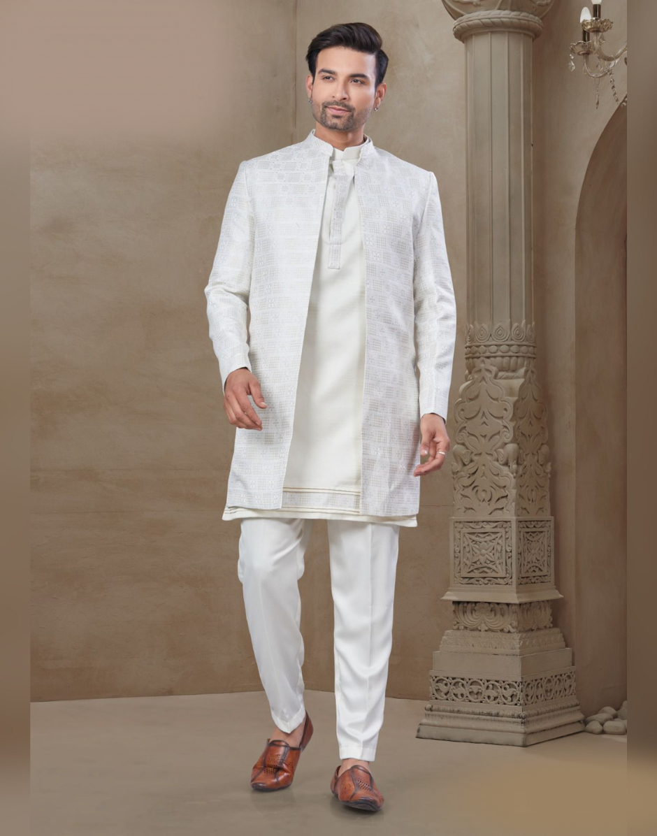 Men’s White Floral Jacquard Silk Kurta Pant Jacket Set – Timeless Ethnic Elegance