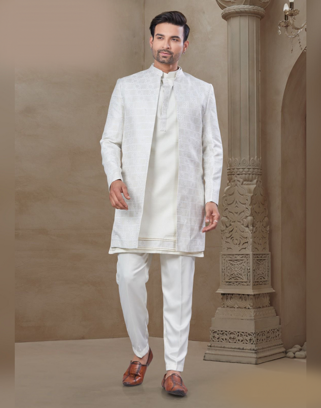 Men’s White Floral Jacquard Silk Kurta Pant Jacket Set – Timeless Ethnic Elegance