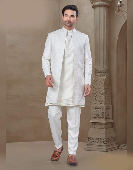 Men’s White Floral Jacquard Silk Kurta Pant Jacket Set – Timeless Ethnic Elegance