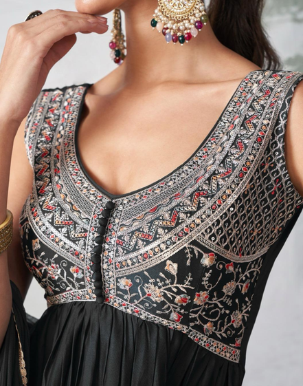 Midnight Muse Black Embroidered Anarkali Set with Graceful Dupatta Timeless Ethnic Charm - Buy_3