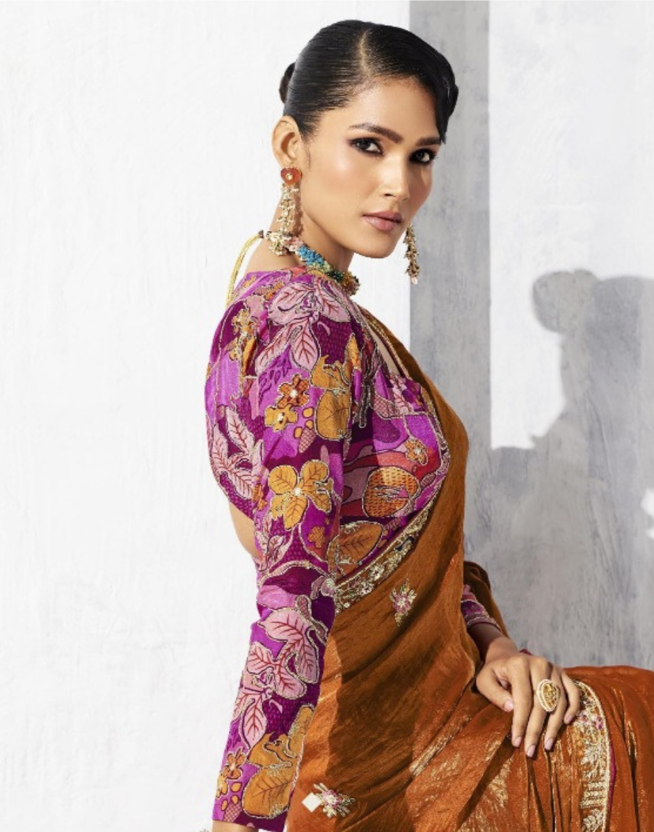 Minimalist Elegance Brown Embroidered Saree and Printed Blouse - Buy_1