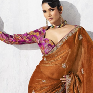 Minimalist Elegance Brown Embroidered Saree and Printed Blouse - Buy_2